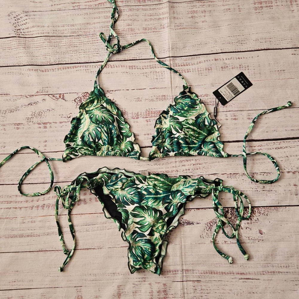 Relleciga Leaf Print Green Bikini Ruffle Cheeky Two Piece Swim Womens Medium NWT